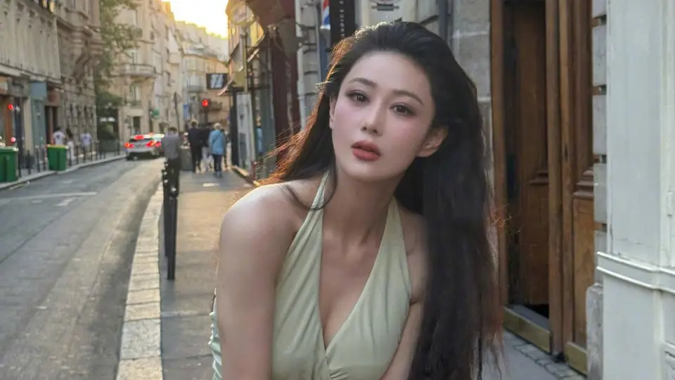 张馨予晒巴黎街拍美照 穿淡绿长裙清新靓丽身材好