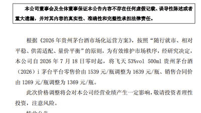 贵州茅台：上调飞天茅台i茅台平台零售价及合同价