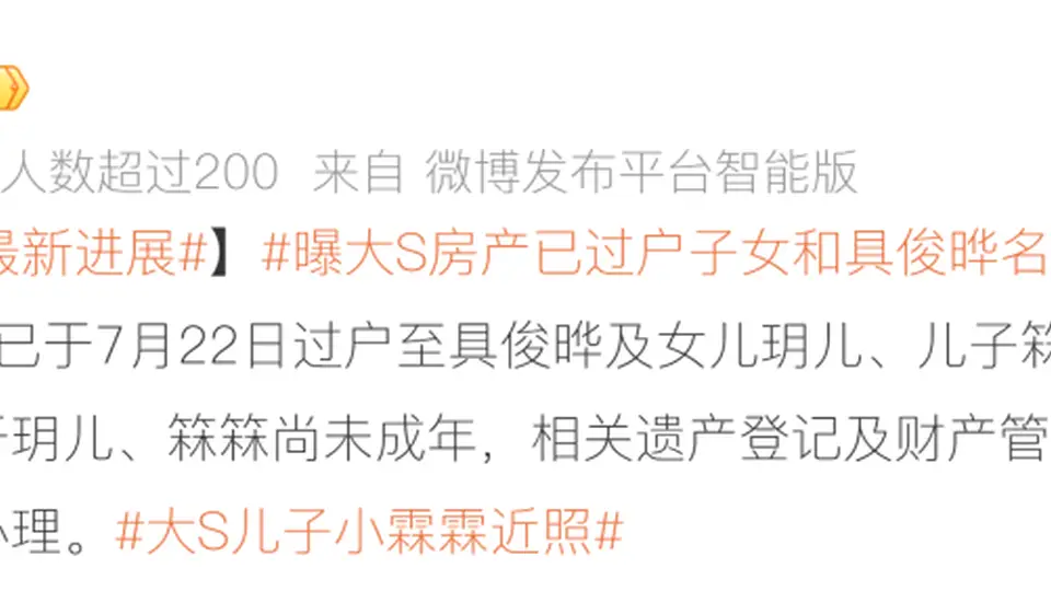 台北信义区大S遗产清点完成 具俊晔与一双儿女各持三分之一 汪小菲代未成年儿女处理相关事宜