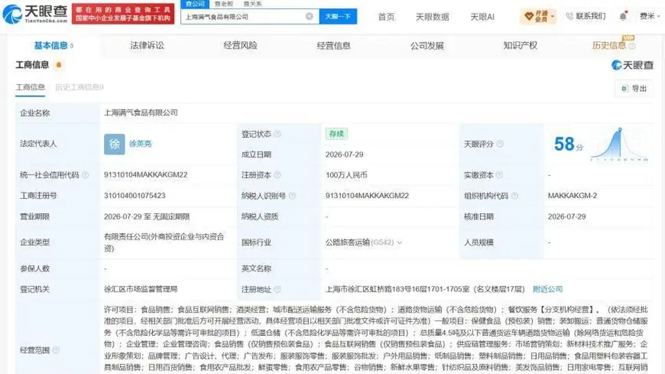 来沪开新局！鸣鸣很忙等参与设立上海满气食品 邀共探食品赛道多元玩法