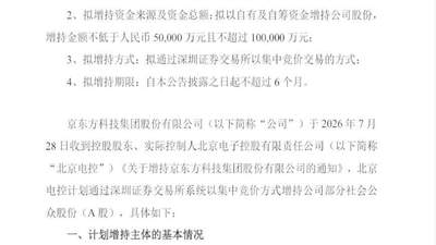 股价回调超40%后，千亿市值京东方实控人出手！计划最高增持不超10亿元