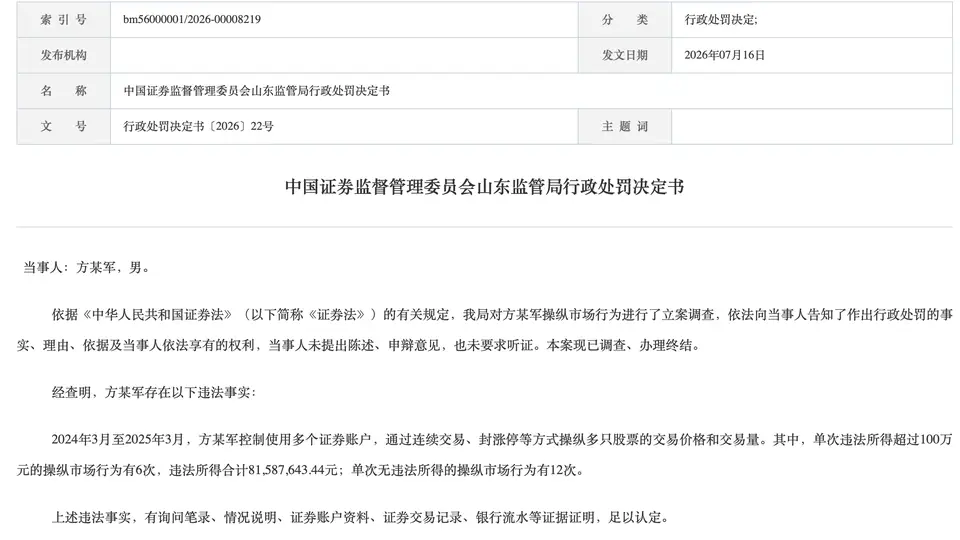 控制多个证券账户封涨停操纵市场，方某军被罚没超1.75亿元