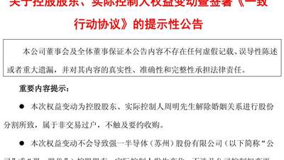 A股再现天价离婚案！强一股份实控人分割近60亿元股份，前妻承诺十年一致行动