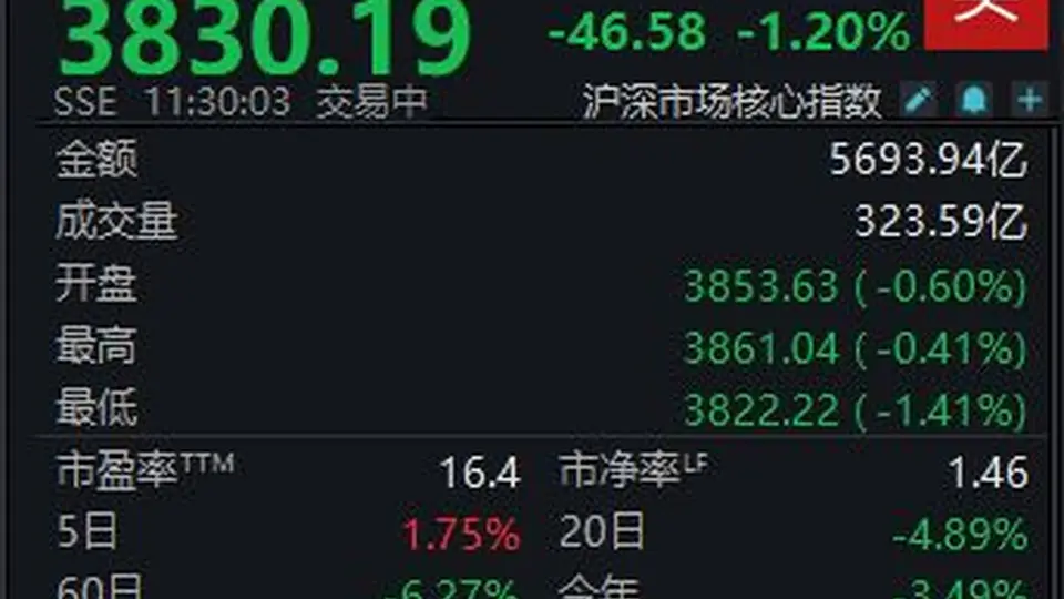 A股震荡调整，沪指半日下跌1.2%
