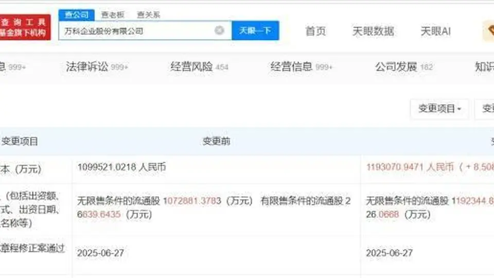 万科增资至约119.3亿