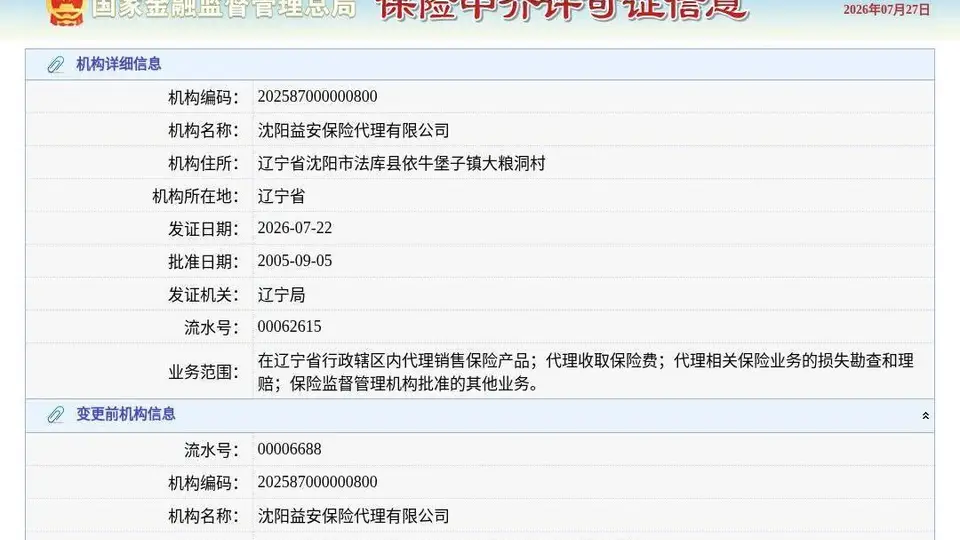 来沈阳法库围观沈阳益安保险代理换发保险中介许可证啦 新证敲定2026年7月22日发证