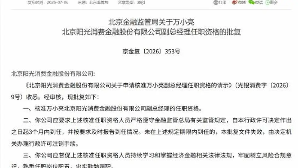 万小亮获批阳光消金副总经理 公司扩表增收不增利