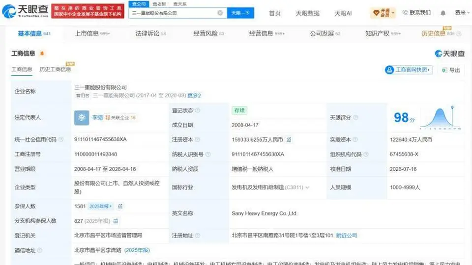 三一重能增资至15.9亿 增幅约30%