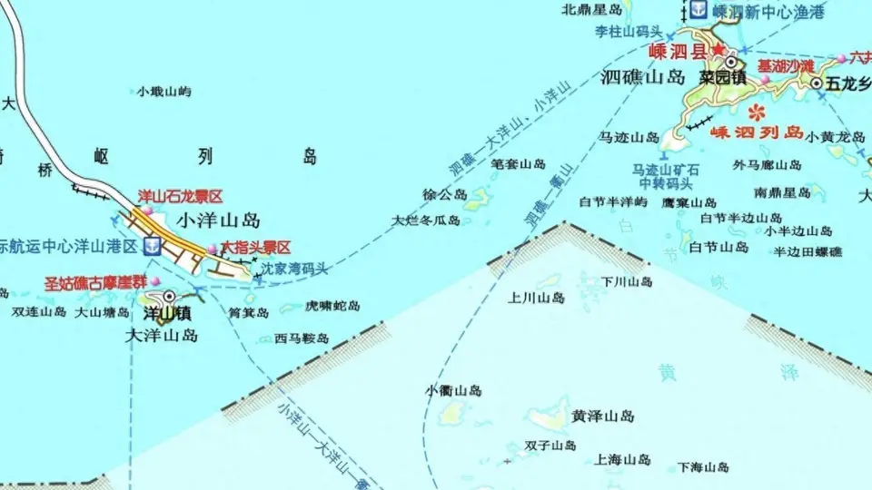 上海到嵊泗经过东海大桥，到沈家湾有汽渡，未来有沪舟甬跨海通道