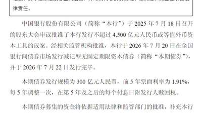 中国银行完成发行300亿元减记型无固定期限资本债券