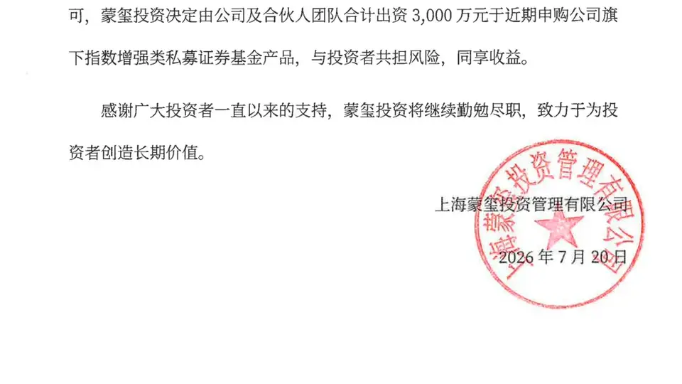 蒙玺投资宣布3000万元自购旗下指增产品