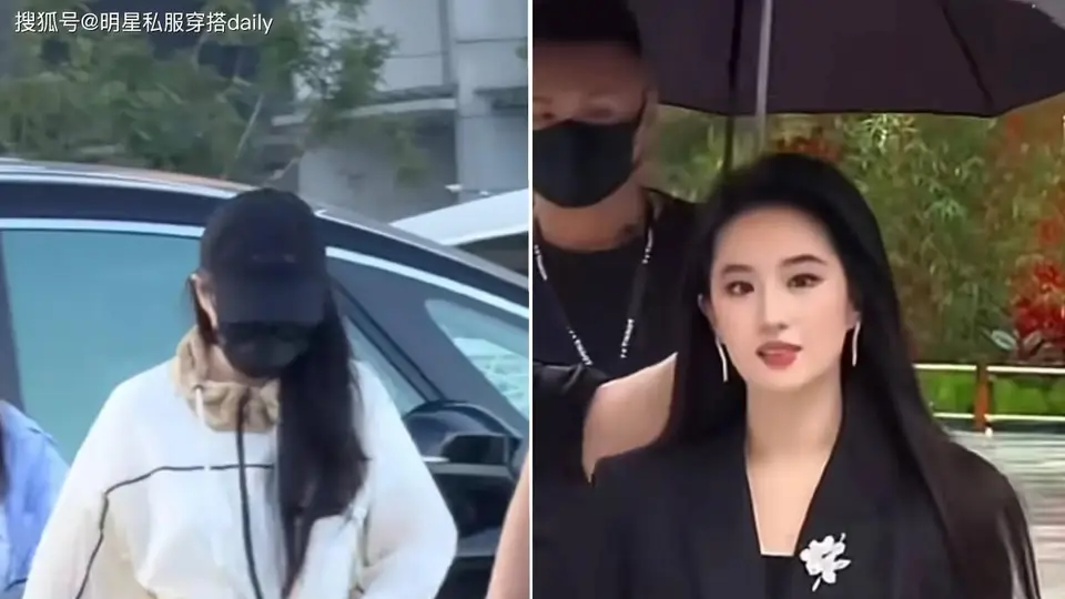 刘亦菲成都双面穿搭封神！雨中黑西装飒爽高智，平价穿搭好松弛！