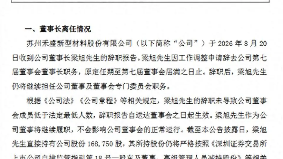 禾盛新材选举黄海清为新任董事长 业内：公司“国产AI算力”战略或提速