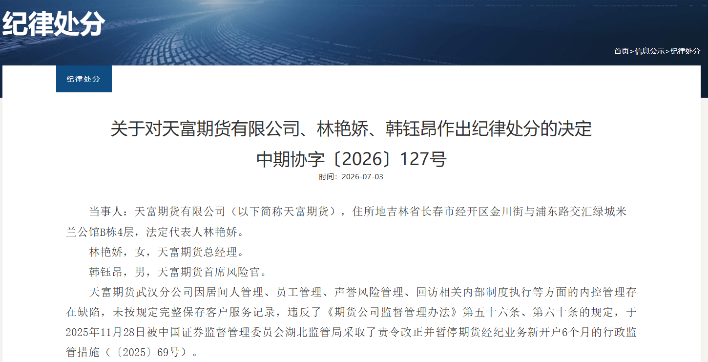内控管理存在缺陷 天富期货被暂停新签居间合同12个月