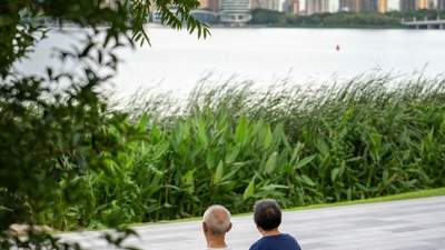 此时此刻金鸡湖畔，老者轮椅相依看湖景