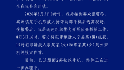 宾阳群众参与报警后，警方快速处置手机店抢夺案，一男子落网两女子自首手机追回
