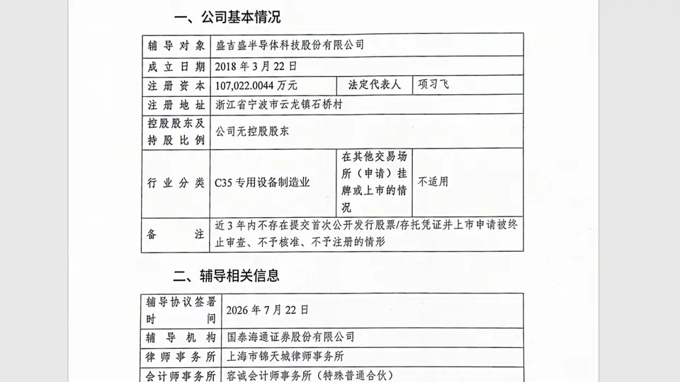半导体设备领域传来新动态 盛吉盛半导体IPO辅导备案获宁波证监局受理